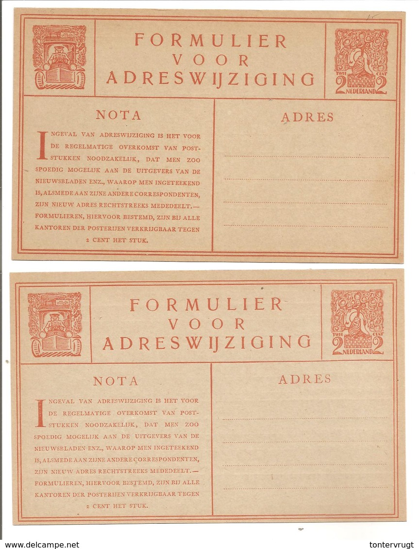 Adreswijziging 2ct  2x G5. ACHTERZIJDE KLEURVERSCHIL - Postal Stationery