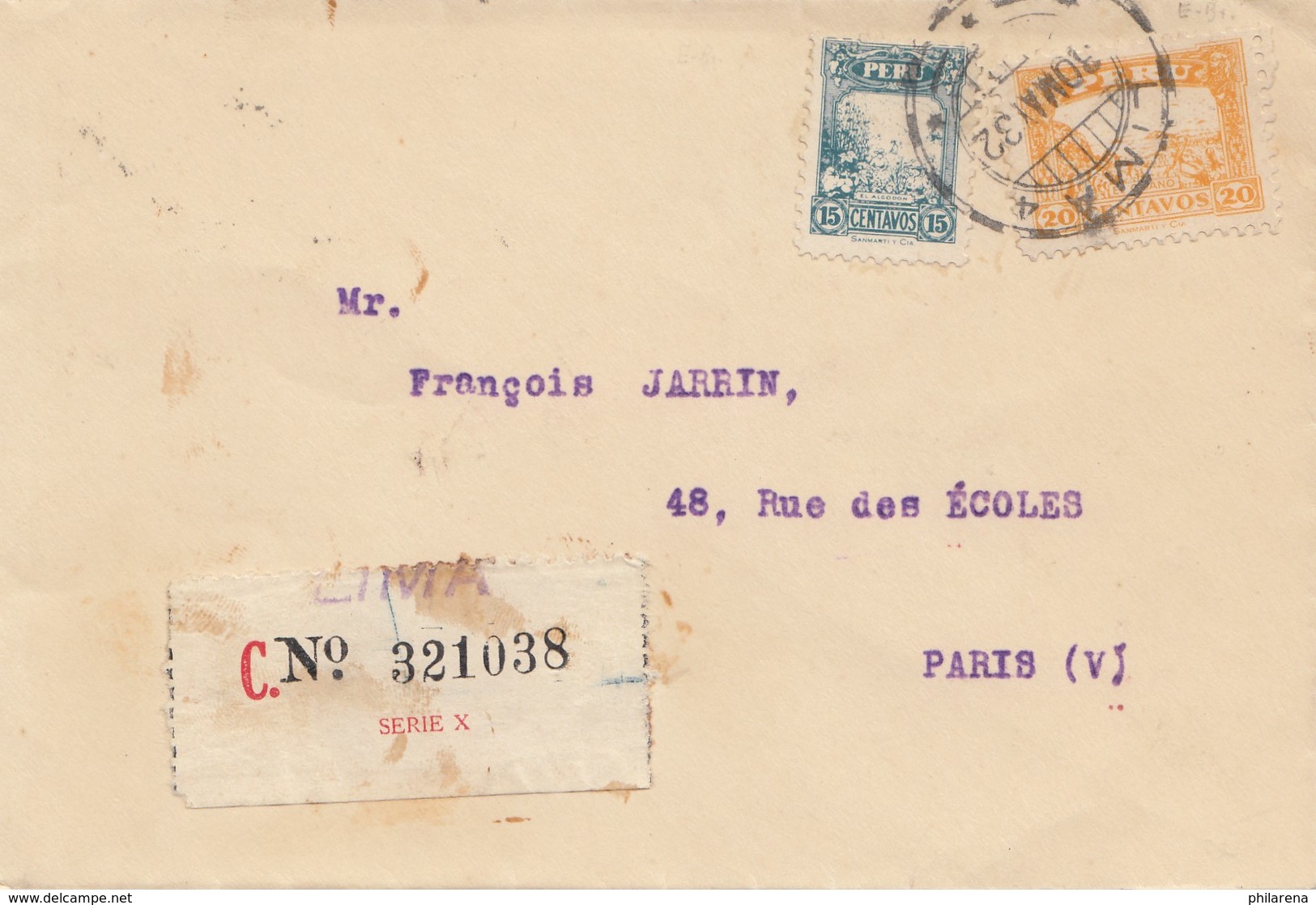 Peru 1932: Registered Lima To Paris - Peru