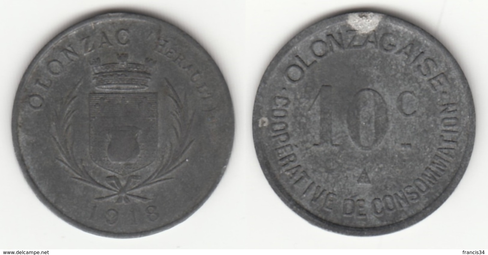 Monnaie De Nécessité - 10 Ct Coopérative De Consomation Olonzac ( Hérault ) 1918 - Autres & Non Classés