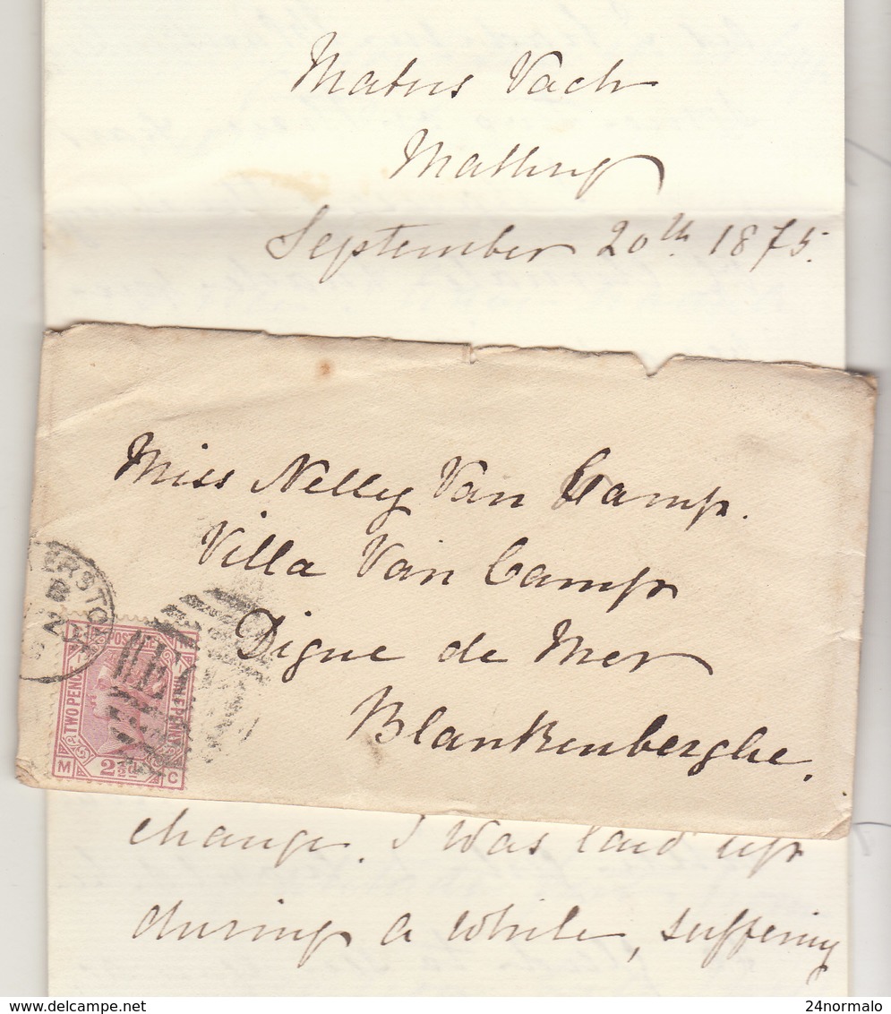 1875  Little Letter With Text 21/2p  Planche 1 From Lettersstone  To Blankenberghe Belgique - Covers & Documents