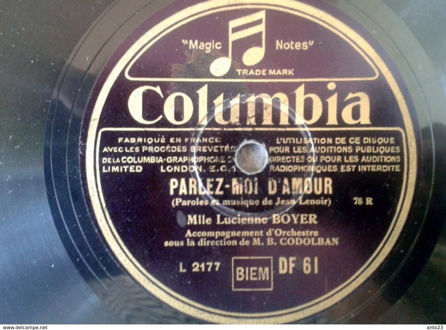 78 Tours - DISQUE "GRAMOPHONE" PARLER MOI D AMOUR ET DANS LA FUMEE PAR LUCIENNE BOYER COLUMBIA SANS POCHETTE - 78 Rpm - Schellackplatten