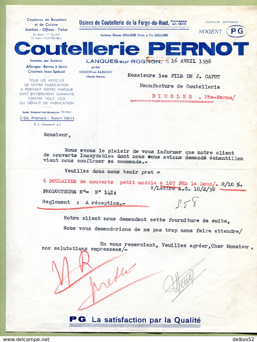 NOGENT-EN-BASSIGNY  (52) : " COUTELLERIE  PERNOT "  1938 - 1900 – 1949