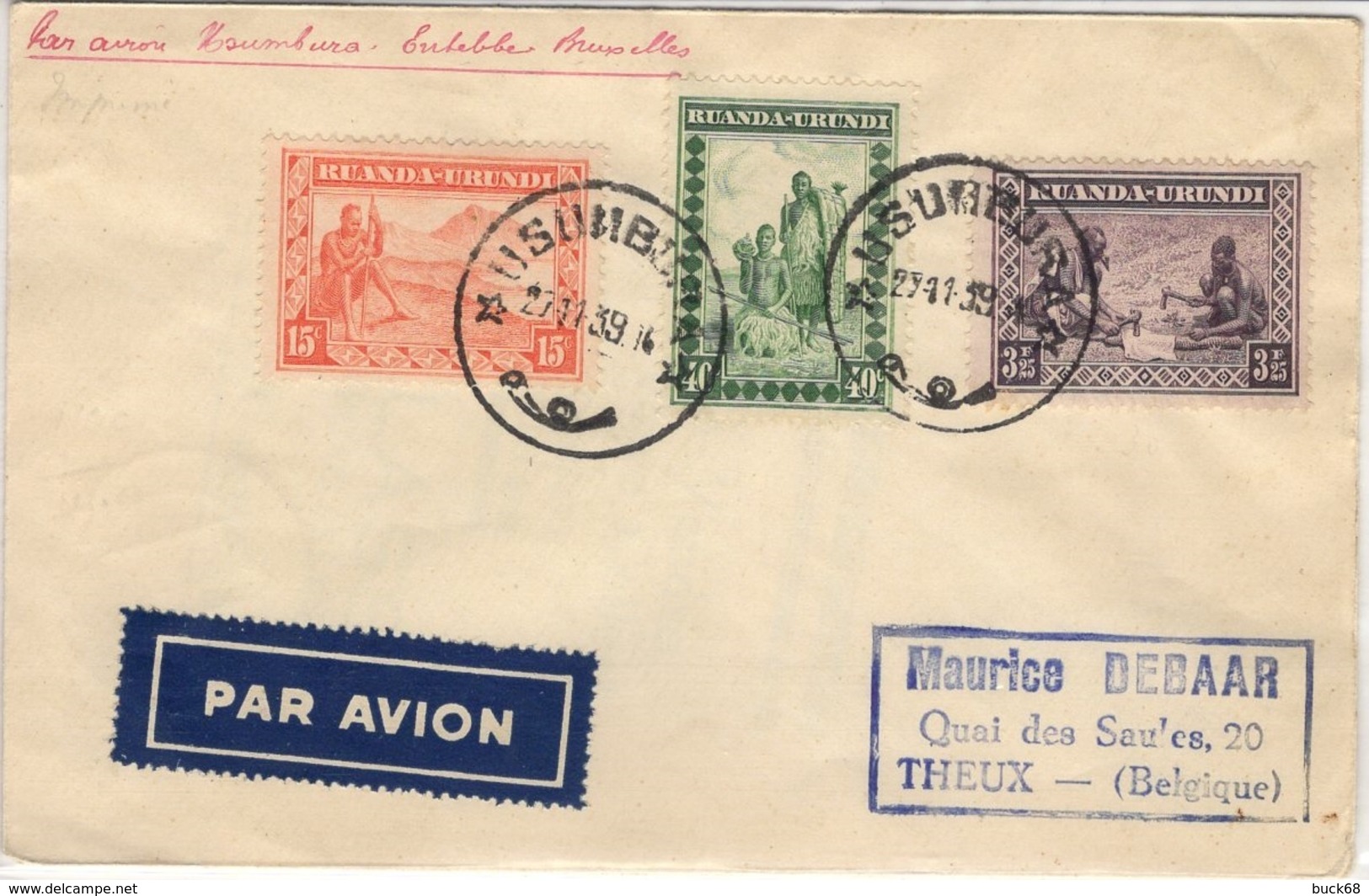 RUANDA-URUNDI 93 95 102 (o) Lettre Cover Brief Par Avion Vol Usumbura - Endebbe - Bruxelles Belgique 27 Novembre 1939 - Lettres & Documents