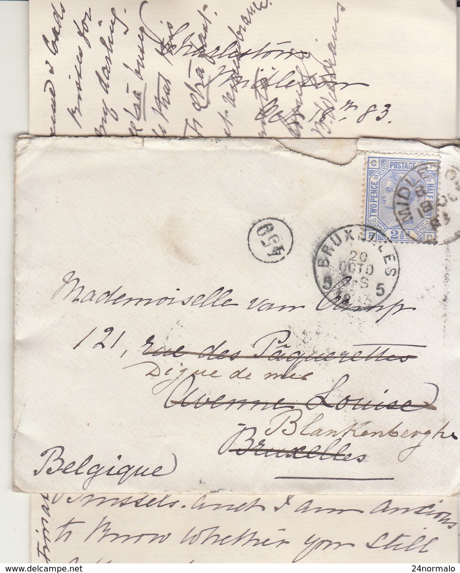 1883 Letter With Text 21/2p  Planche 22 Fron Midleton To Bruxelles Then Blankenberghe Belgique - Covers & Documents