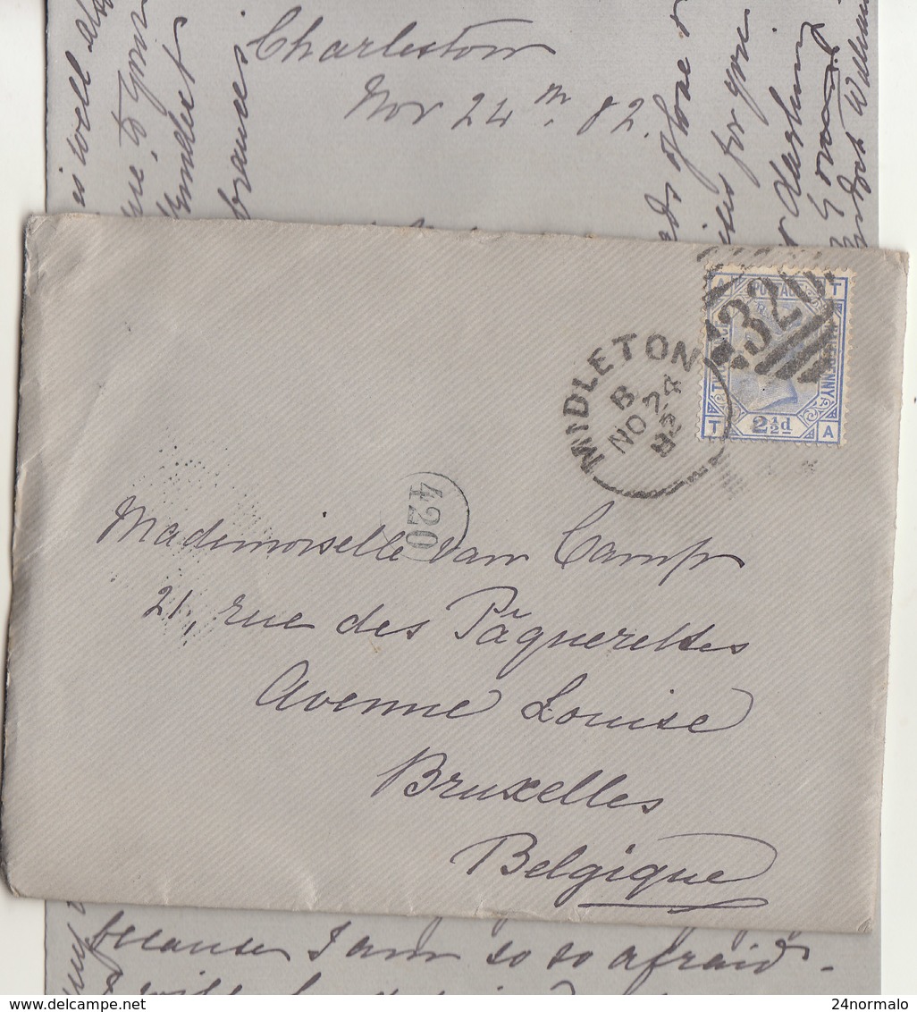 1882 Letter With Text 21/2p  Planche 23 From Midleton To Bruxelles  Belgique - Lettres & Documents