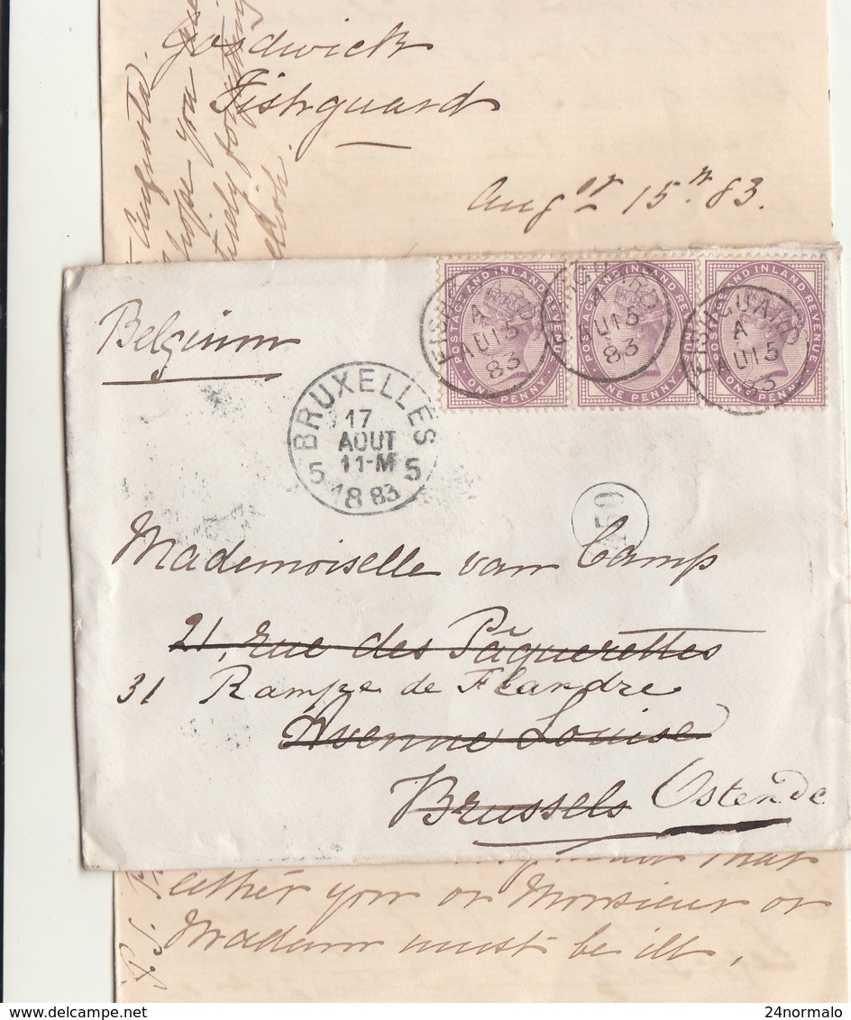 1883 Letter With Text 3p From Fishguard To Bruxelles Then Ostende Belgique - Lettres & Documents