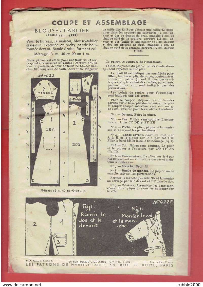 LES PATRONS DE MARIE CLAIRE VERS 1950 1960 BLOUSE TABLIER TAILLE 44 POCHETTE COLORISEE AVEC SON CALQUE ELEGANCE DE PARIS - Patterns