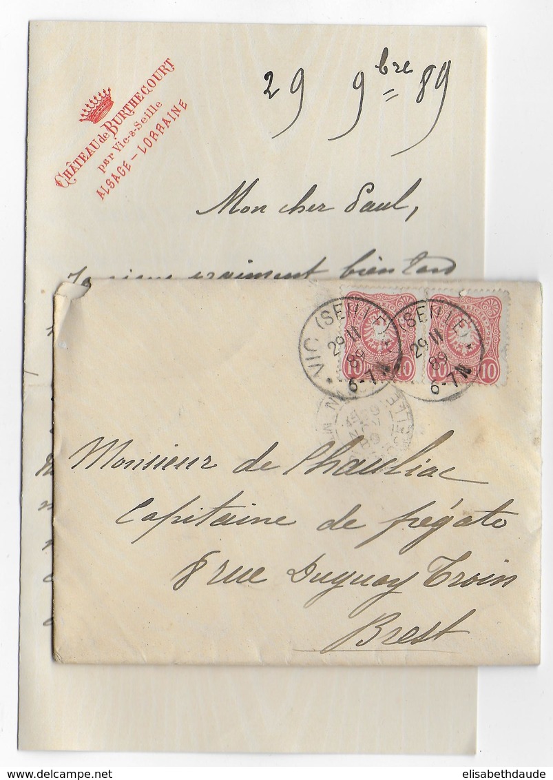 1889 - MOSELLE - LETTRE Du CHATEAU De BURTHECOURT (BELLE EN-TETE) Par VIC S-SEILLE => BREST - Lettres & Documents