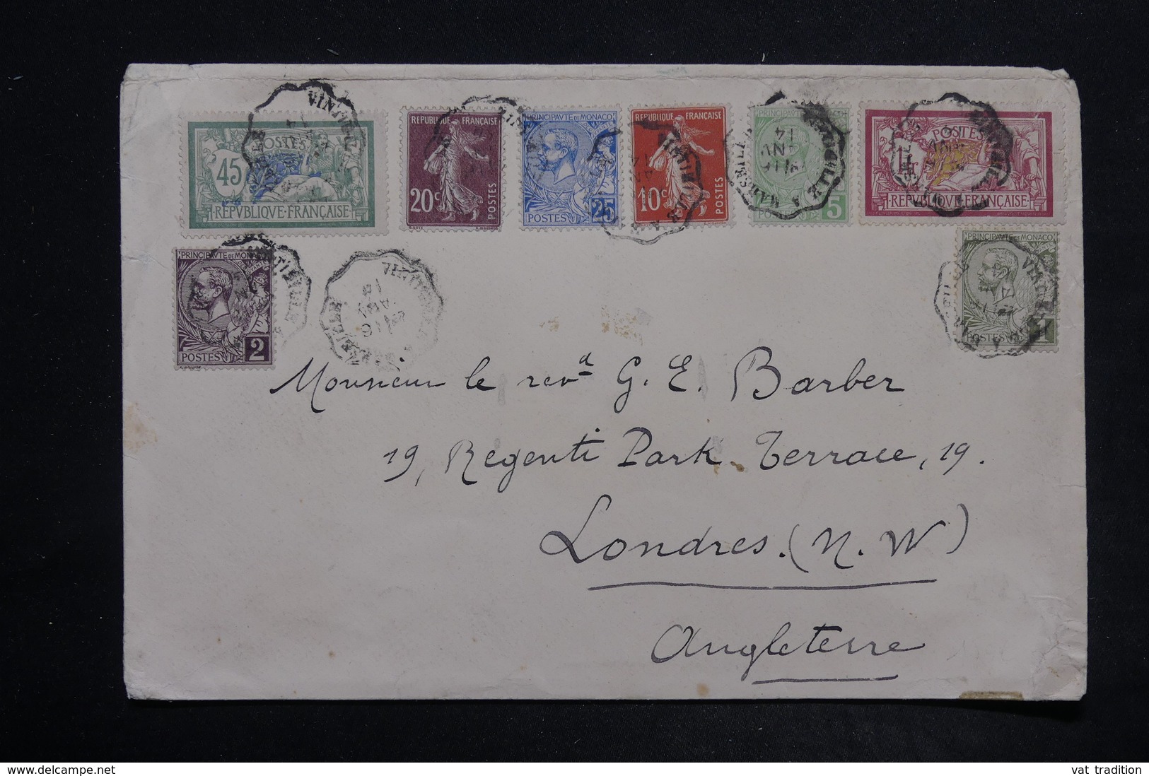 MONACO - Affranchissement  Monaco / France Sur Enveloppe Pour Londres En 1914, Obl. Ambulant - L 26344 - Storia Postale