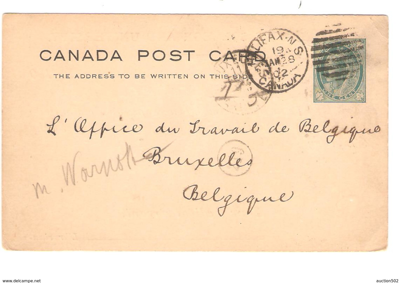 PR6403/ Canada Entier - Entire Post Card Queen Victoria Halifax 1902 V.Bruxelles C.d'arrivée - 1860-1899 Reinado De Victoria