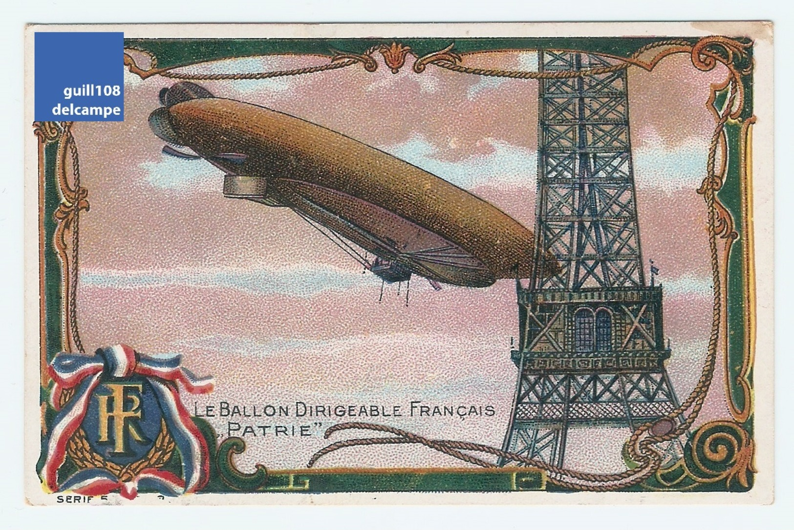 Chromo Ballon Dirigeable Français Patrie Aérostat Paris 1900 Tour Eiffel Vintage Trade Card Ephemera Tower A21-10 - Autres & Non Classés