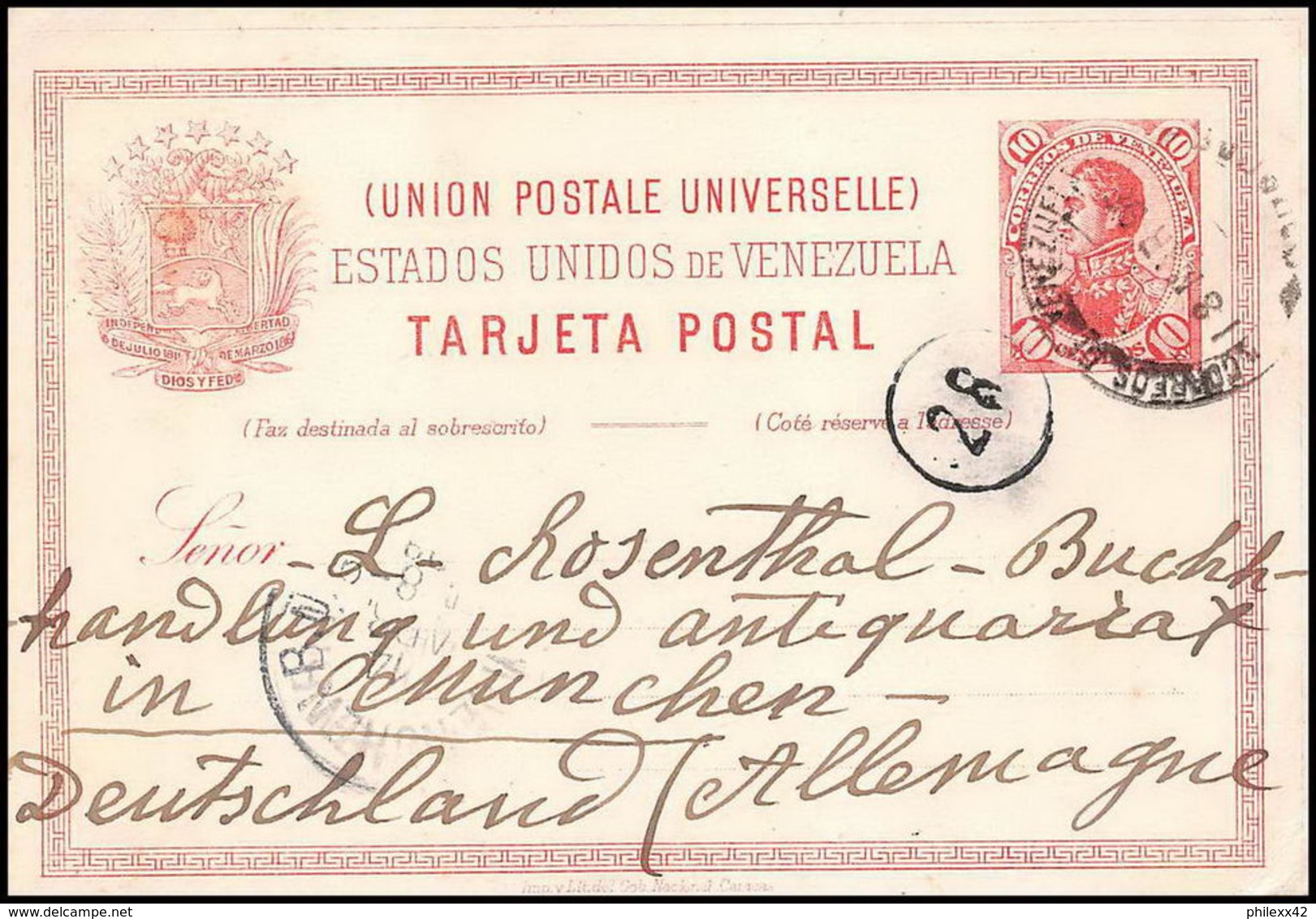 3401/ Venezuela Entier Stationery Carte Postale (postcard) N�8 Pour Munich Allemagne (germany) 1898 - Venezuela