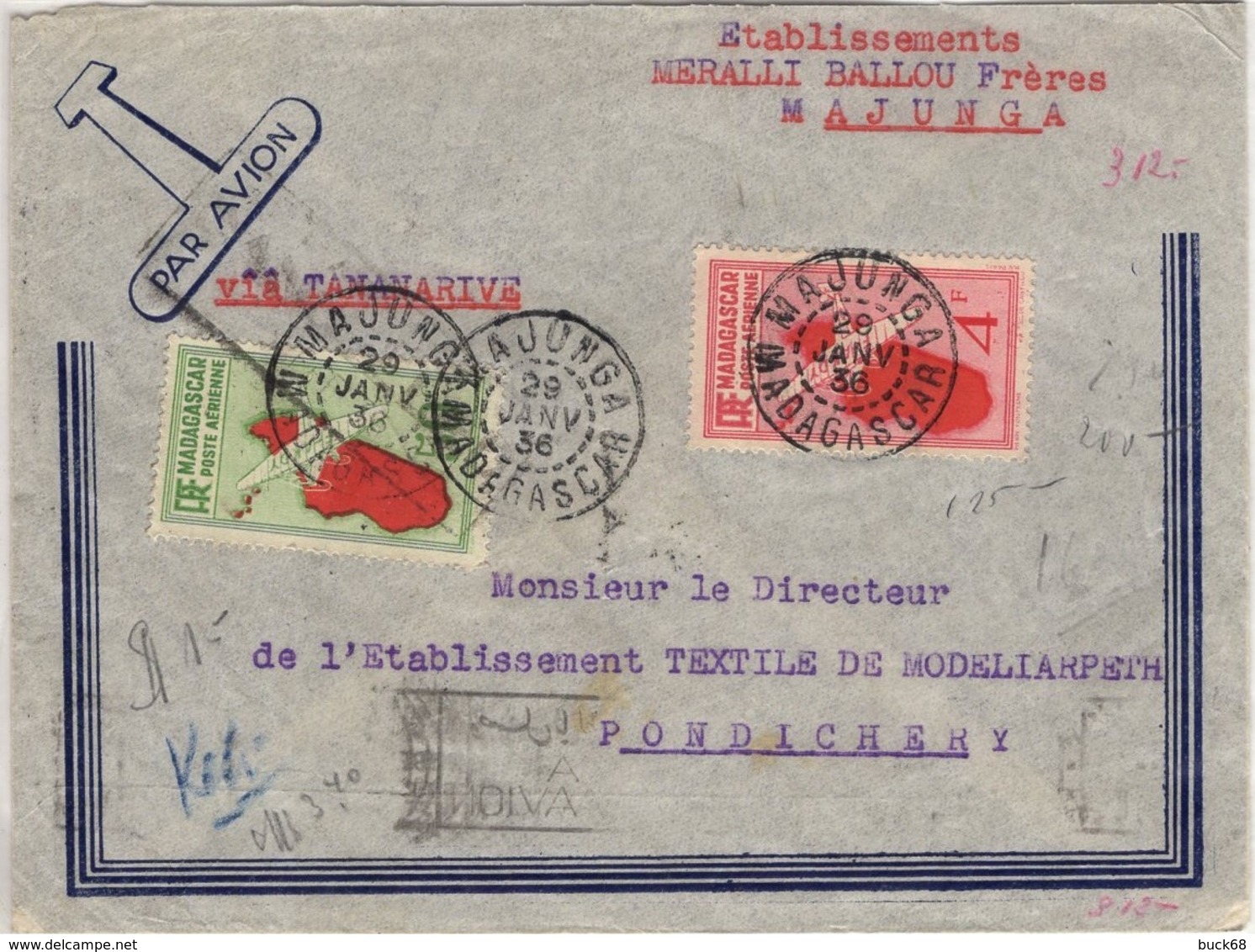 MADAGASCAR Pa 1 Et 6 (o) Lettre Majunga Pondichéry INDE Cachets Tananarive Broken Hill NORTHERN RHODESIA Janvier 1936 - Poste Aérienne