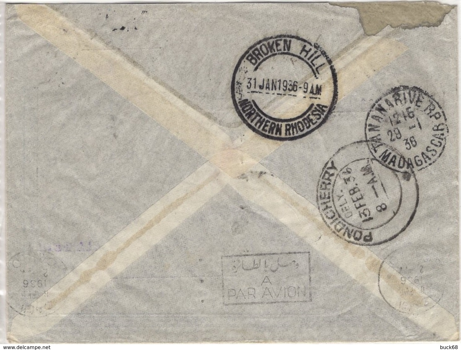 MADAGASCAR Pa 1 Et 6 (o) Lettre Majunga Pondichéry INDE Cachets Tananarive Broken Hill NORTHERN RHODESIA Janvier 1936 - Poste Aérienne