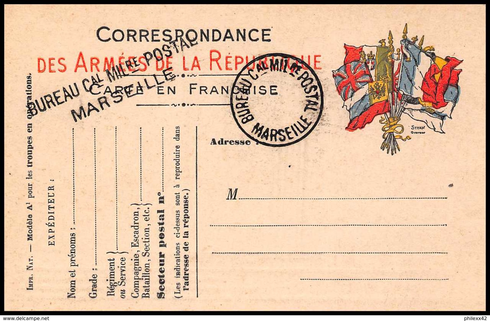 7905 Bureau Militaire Postal De Marseille France Guerre 1914/1918 Carte Postale Franchise Militaire (postcard) - WW I