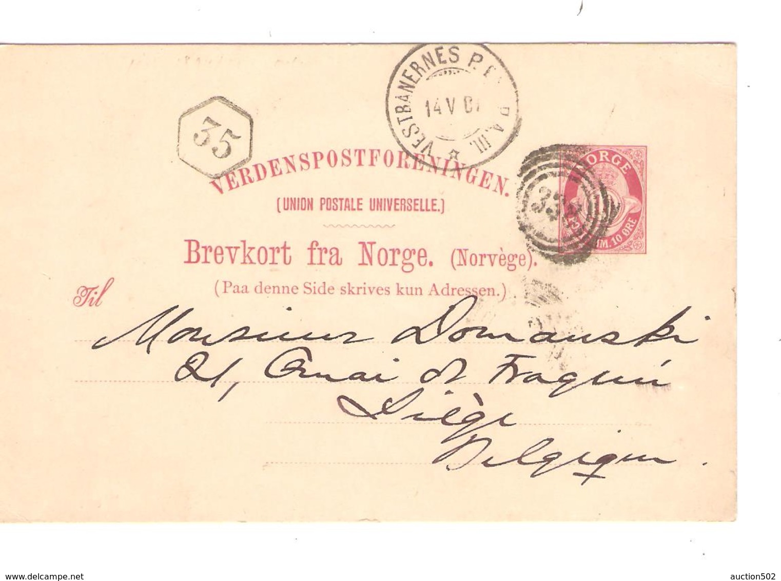 PR6405/ Norway-Norge Entier-Entire CP Vestbanernes 1901 V.Liège C.facteur 35 En Arrivée - Entiers Postaux