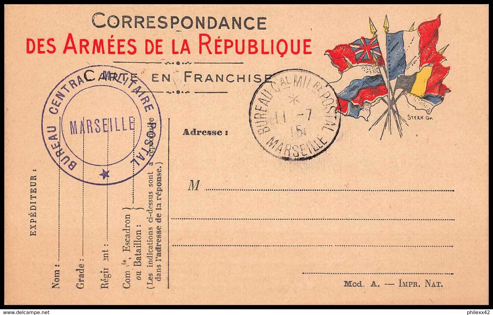 7925 Bureau Militaire Postal De Marseille France Guerre 1914/1918 Carte Postale Franchise Militaire (postcard) - WW I