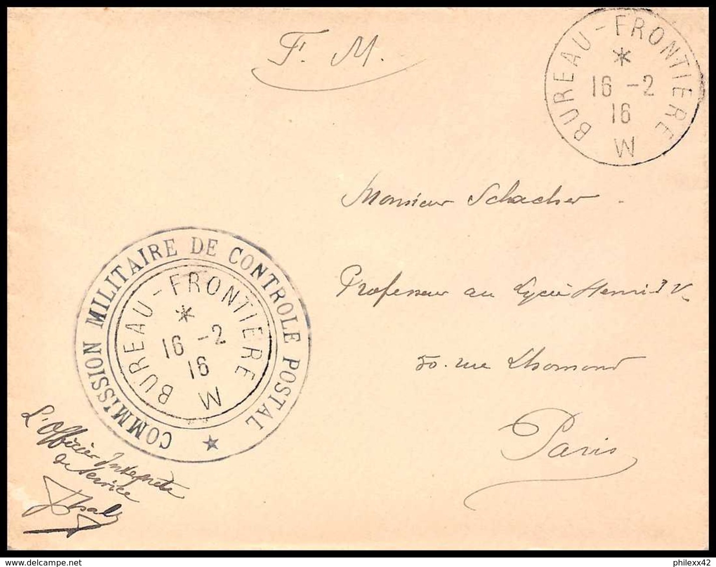 7966 Postes Bureau Frontiere W Controle Postal 1916 France Guerre 1914/1918 Enveloppe Franchise Militaire - WW I