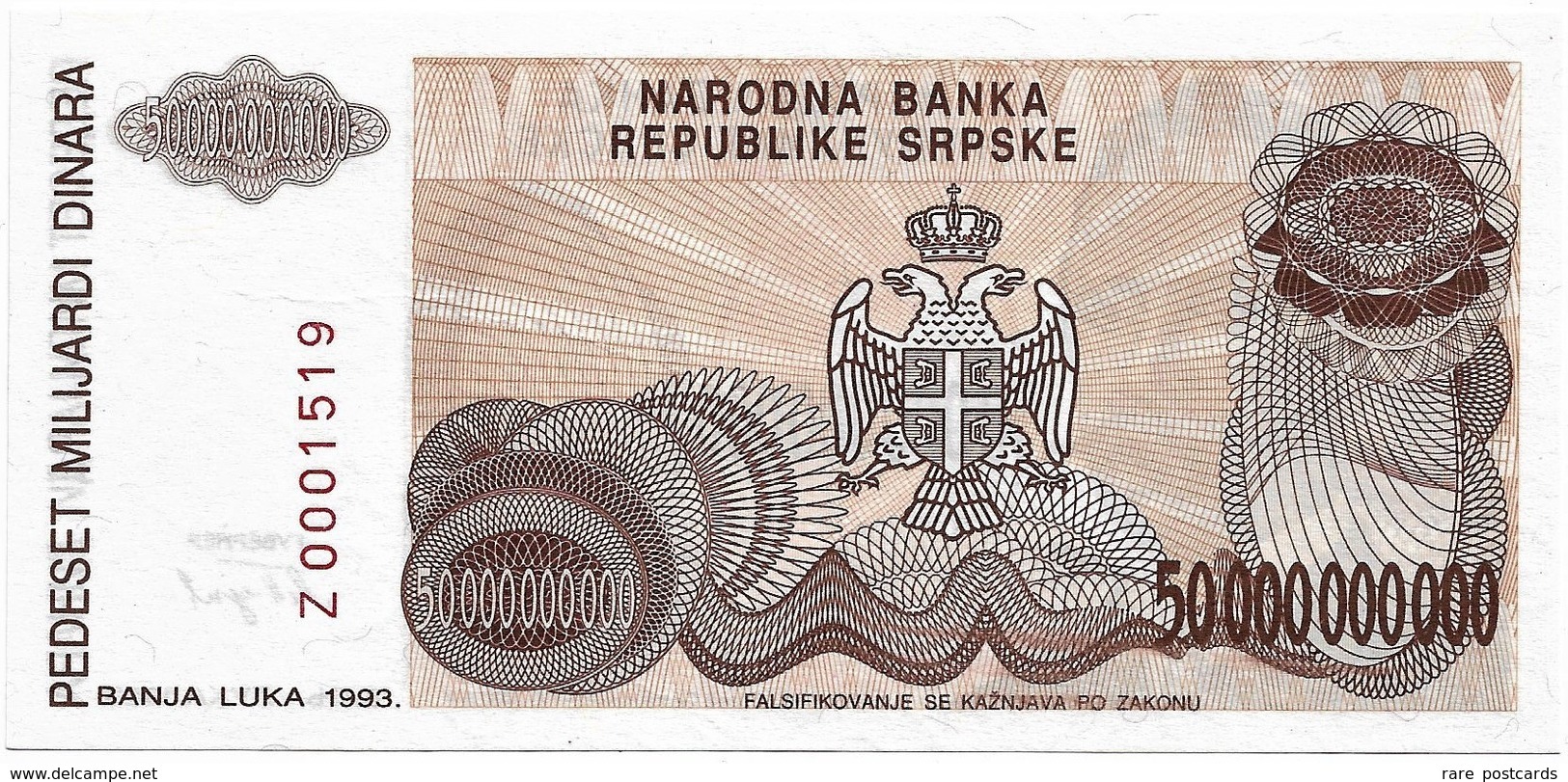 Bosnia 50 000 000 000 Billions Dinara 1993. Unc - Not Issued - Replacement Z - P157 - Bosnien-Herzegowina