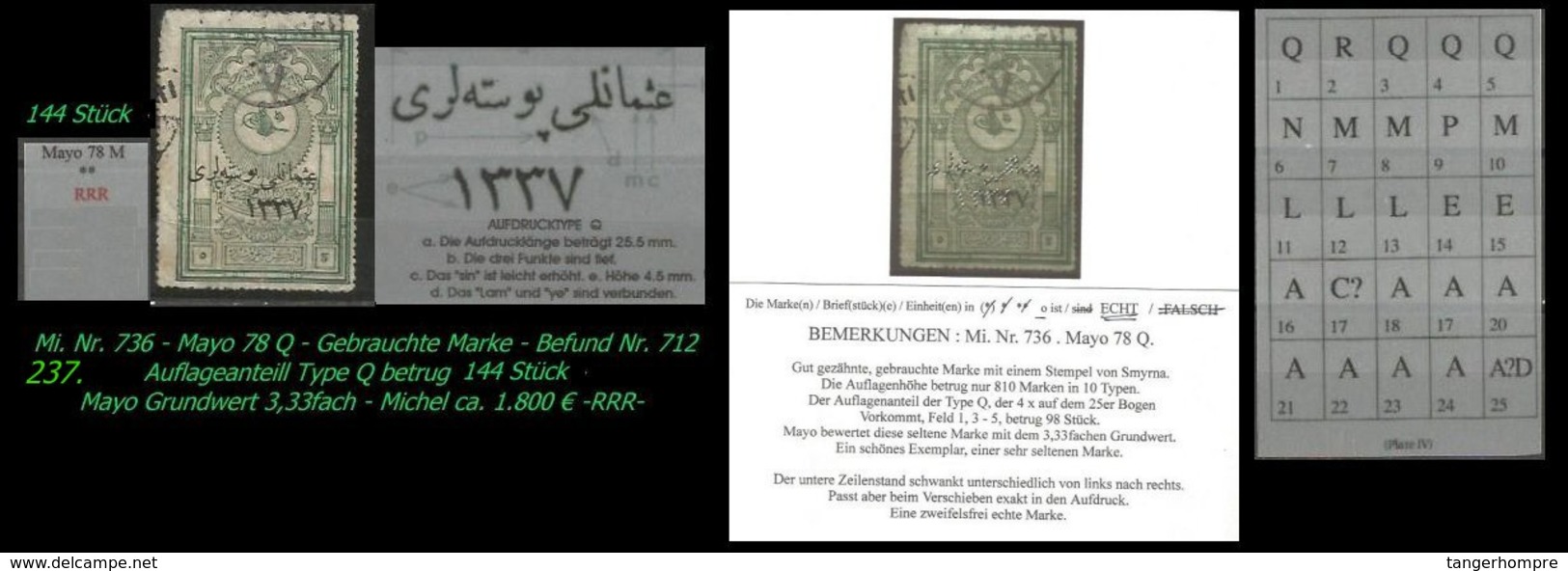 EARLY OTTOMAN SPECIALIZED FOR SPECIALIST, SEE...Mi. Nr. 736 - Mayo 78 Q - Auflagenanteil 144 Stück -RRR- - 1920-21 Anatolia