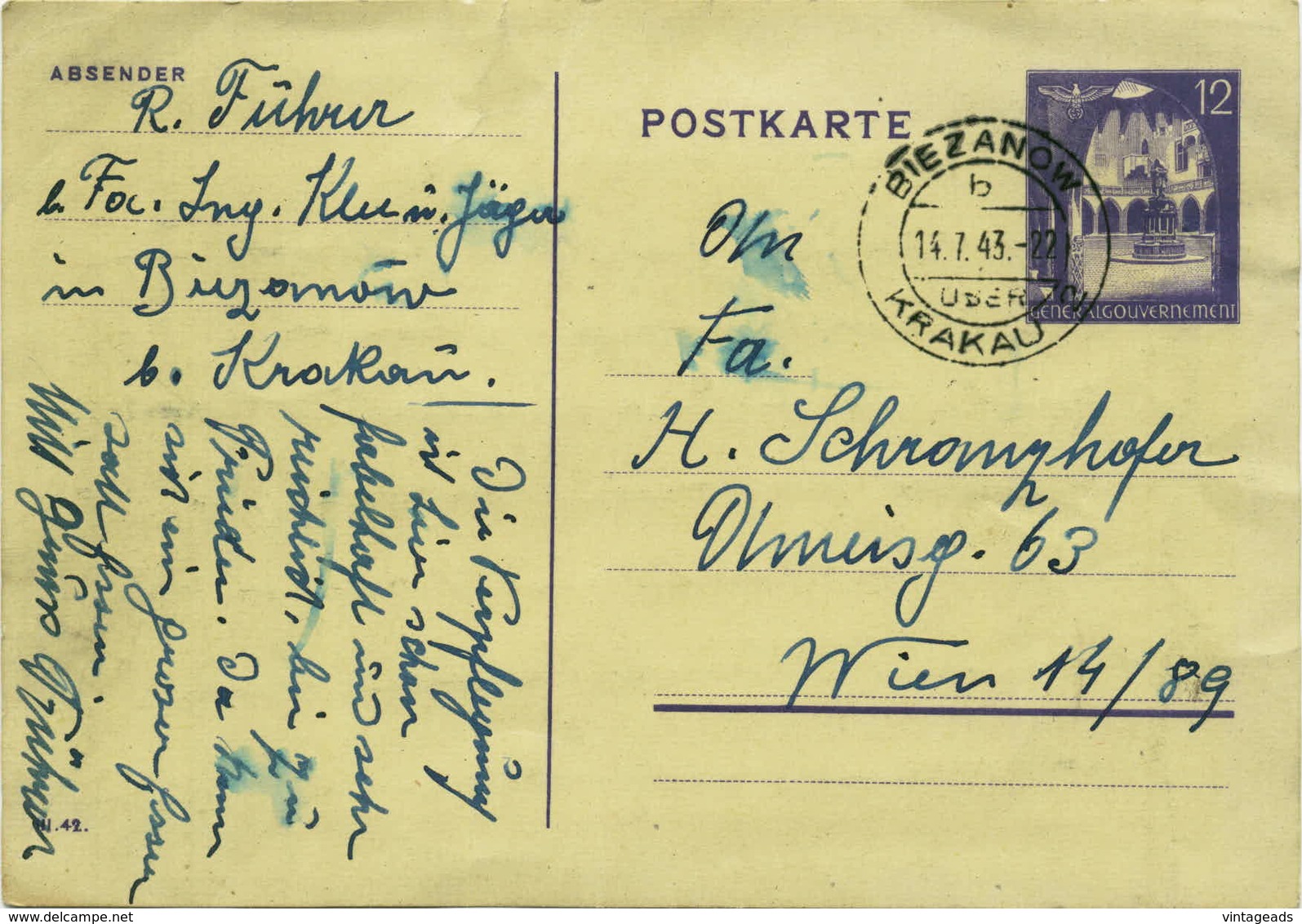 PM460 Alte Postkarte Von Biezanow/Krakau Nach Wien, Gelaufen 1943, Frankiert 12 Pf. Generalgouvernment, Poststempel - Sonstige & Ohne Zuordnung