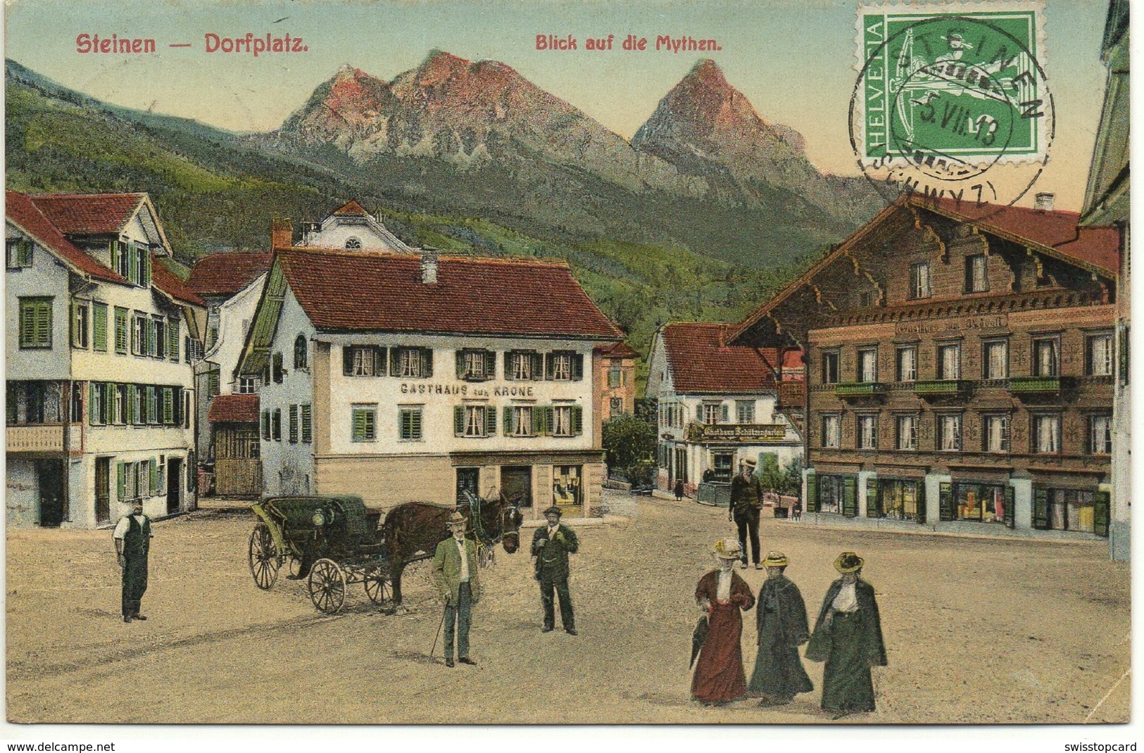 STEINEN SZ Dorfplatz Blick Auf Die Mythen Gasthaus Zur Krone Gasthaus Schützengarten Pferde-Kutsche - Steinen