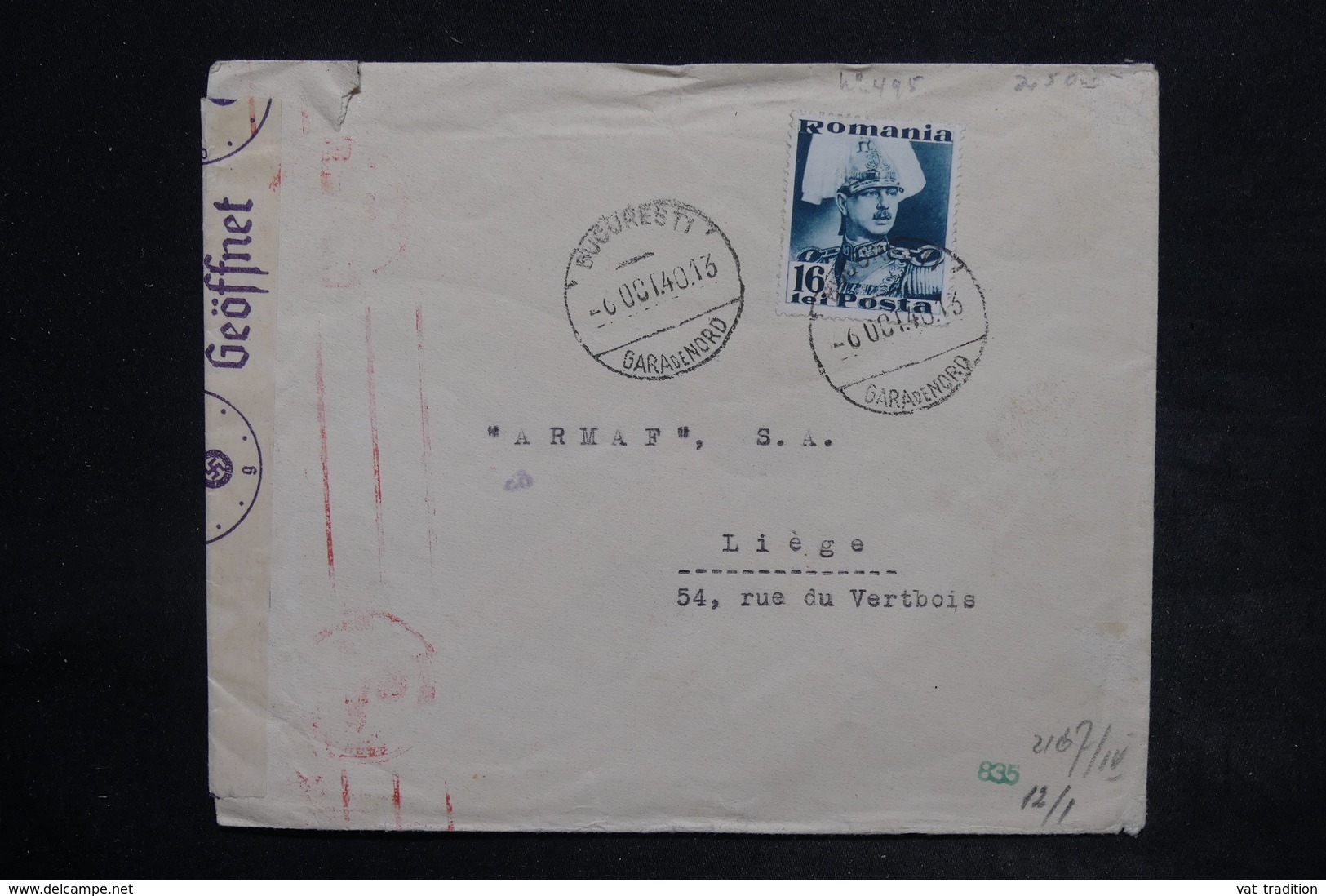 ROUMANIE - Affranchissement Plaisant De Bucarest Sur Enveloppe Pour Liège En 1940 Avec Contrôle Postal - L 26364 - Briefe U. Dokumente