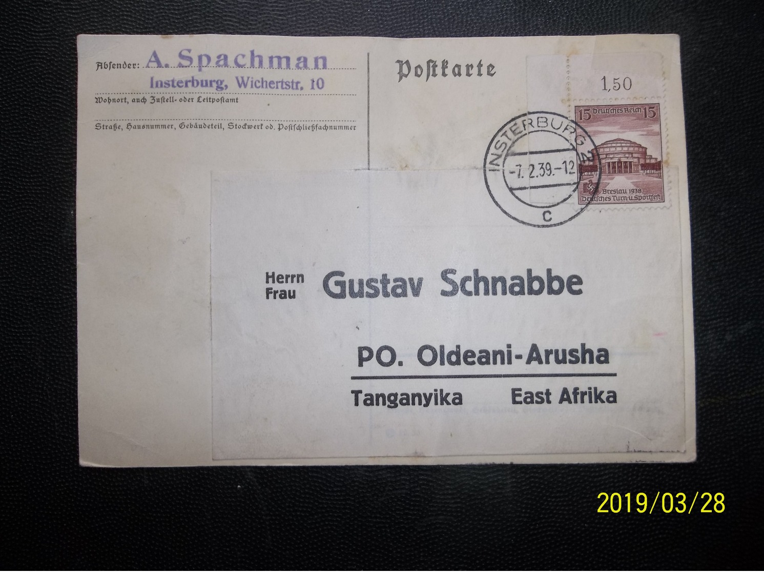 Germany: 1939 Card To Tanganyika, East Afrika (#MP4) - Covers & Documents