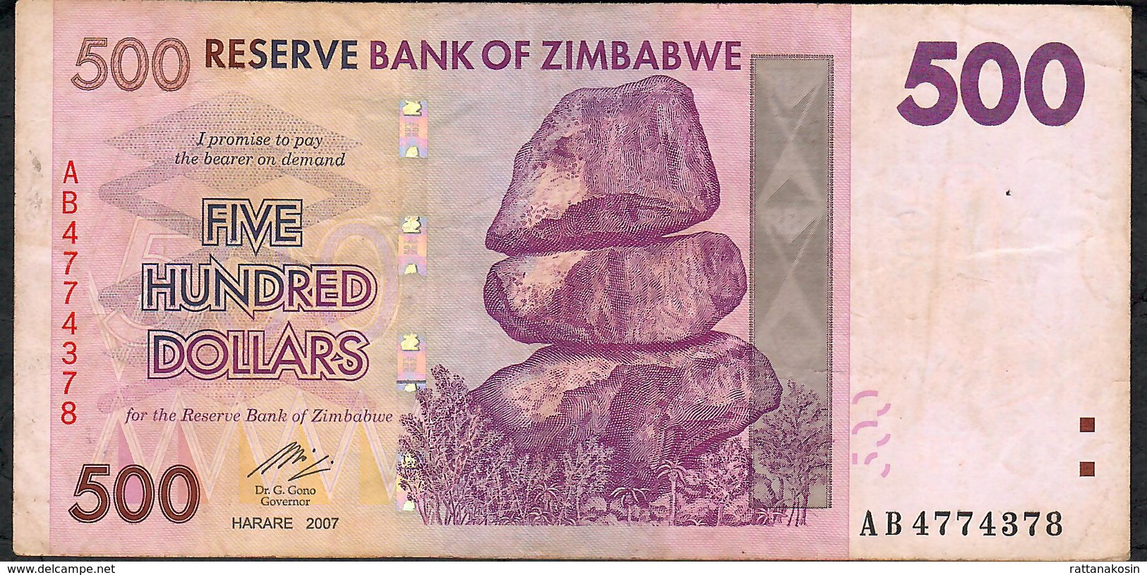 ZIMBABWE P 70 500 DOLLARS 2007 #AB  Signature 5  F-VF NO P.h. - Zimbabwe