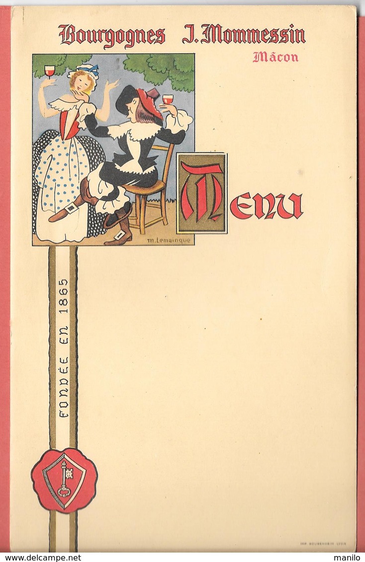 Menu Publicitaire Chromo-lithographié,vierge BOURGOGNES J.MOMMESSIN à MACON -clé,cachet De Cire Illustré Par M.LEMAINQUE - Menus
