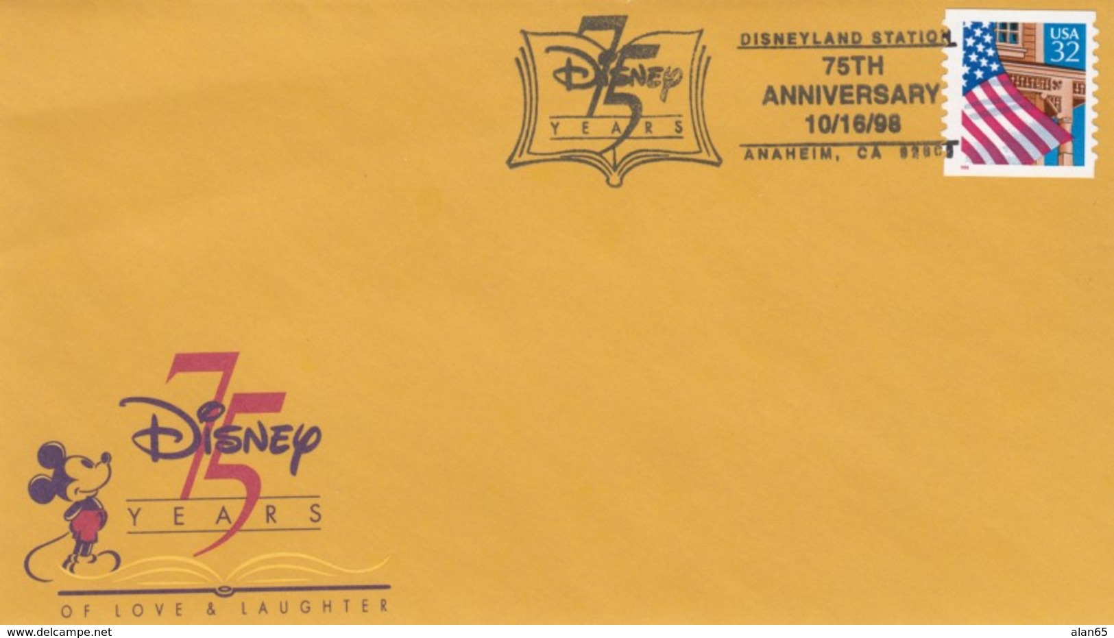 75 Year Disney Anniversary Sc#2913 Flag 32c Issue Disneyland Station Anaheim California Postmark, Illustrated 1998 Cover - Disney