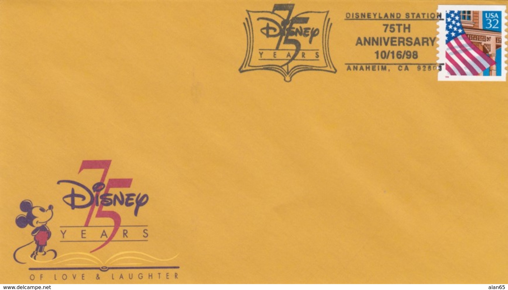 75 Year Disney Anniversary Sc#2913 Flag 32c Issue Disneyland Station Anaheim California Postmark, Illustrated 1998 Cover - Disney