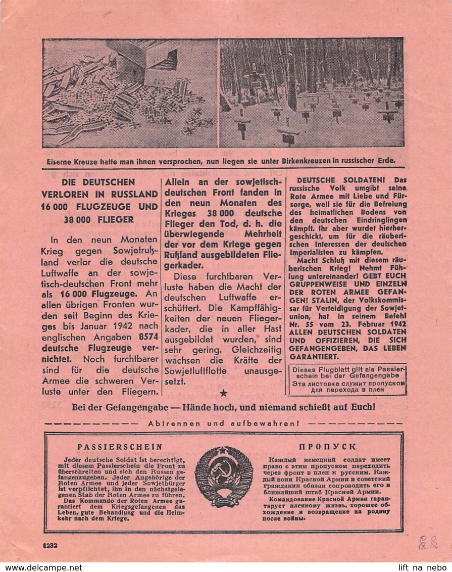 WWII WW2 Flugblatt Leaflet Tract Soviet Propaganda Against Germany "Frontnachrichten" April 1942 Nr. 160 CODE 1232 - 1939-45