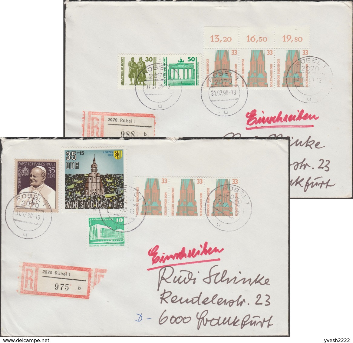 Allemagne DDR Et RFA Juillet 1990. 2 Lettres Recommandées De Röbel (DDR), Affranchissements Mixtes - Storia Postale