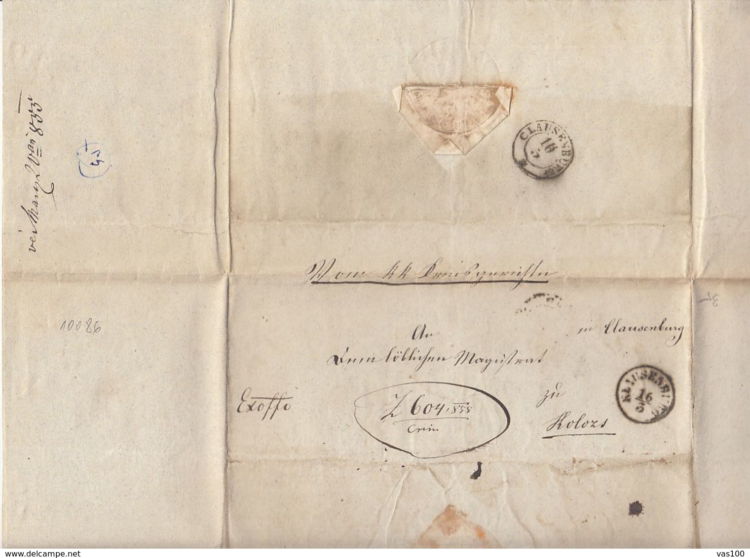 PREPHILATELY, CLOSED LETTER SENT LOCAL IN CLUJ NAPOCA, 1855, ROMANIA - ...-1858 Prephilately