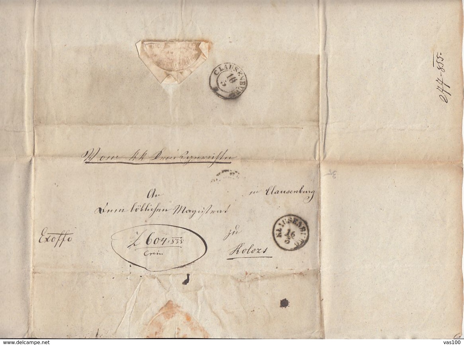 PREPHILATELY, CLOSED LETTER SENT LOCAL IN CLUJ NAPOCA, 1855, ROMANIA - ...-1858 Prephilately