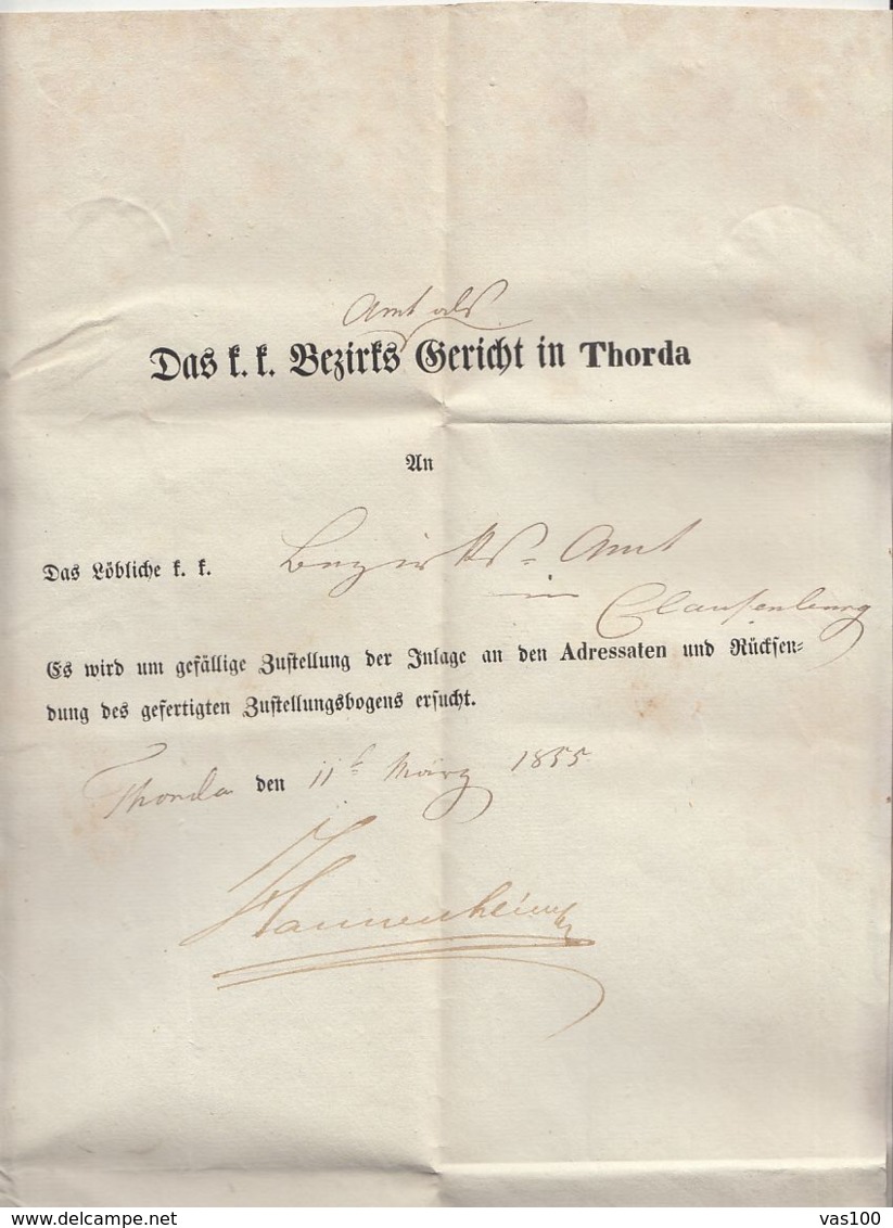 PREPHILATELY, CLOSED LETTER SENT FROM TURDA TO CLUJ NAPOCA, 1855, ROMANIA - ...-1858 Préphilatélie