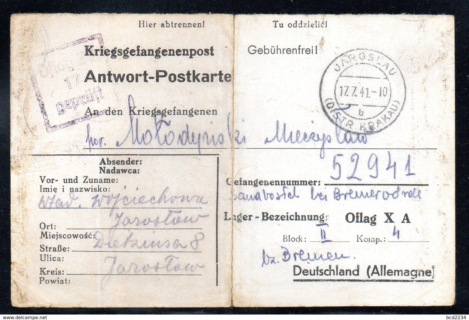 KRIEGSGEFANGENENPOST NAZI GERMANY THIRD REICH WW2 PRISONER WAR POW CAMP JAROSLAU TO OFLAG XA HOHENSALZA INOWROCLAW - Gefängnislager