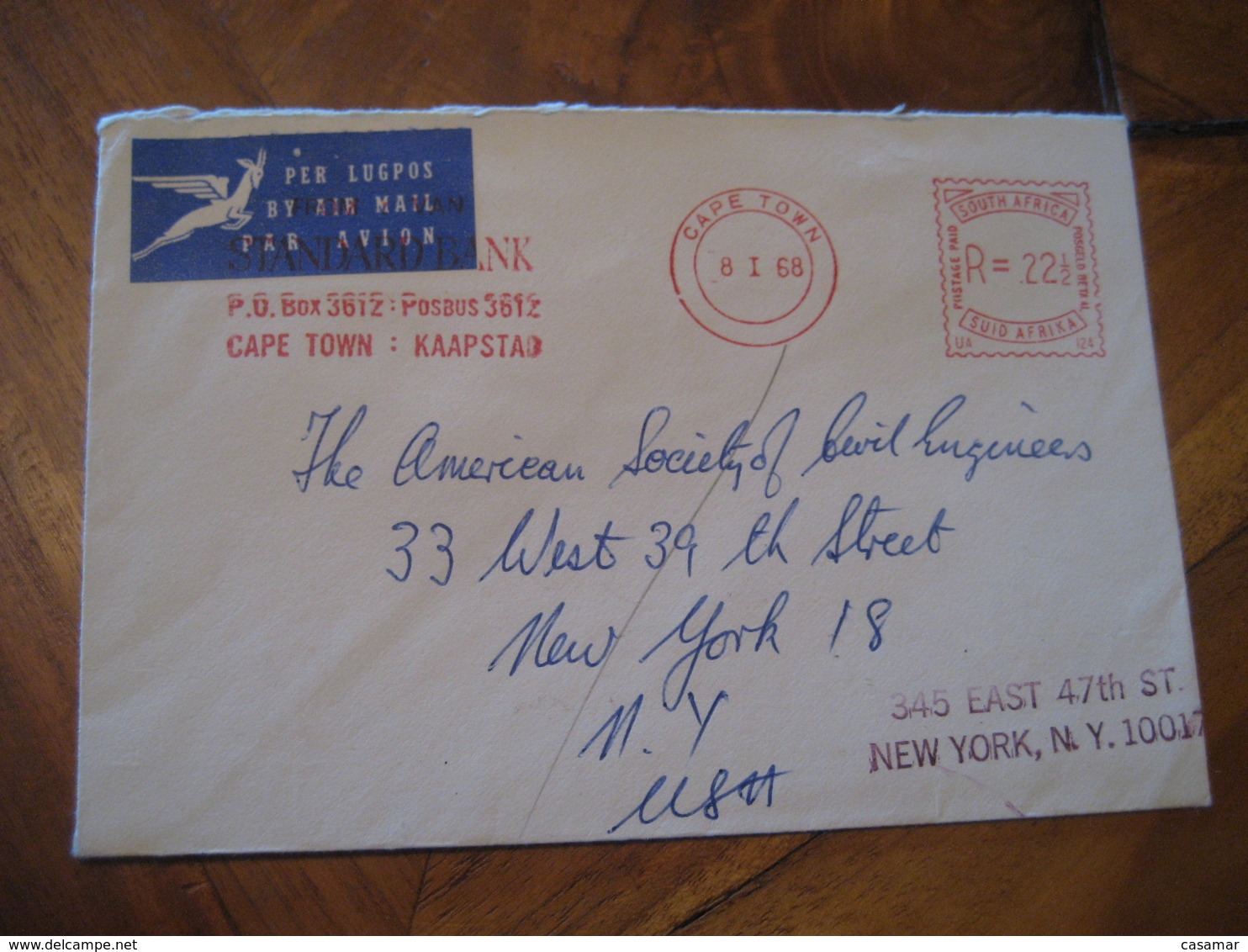 CAPE TOWN 1968 To New York USA Standard Bank Meter Mail Cancel Air Mail Cover SOUTH AFRICA - Briefe U. Dokumente