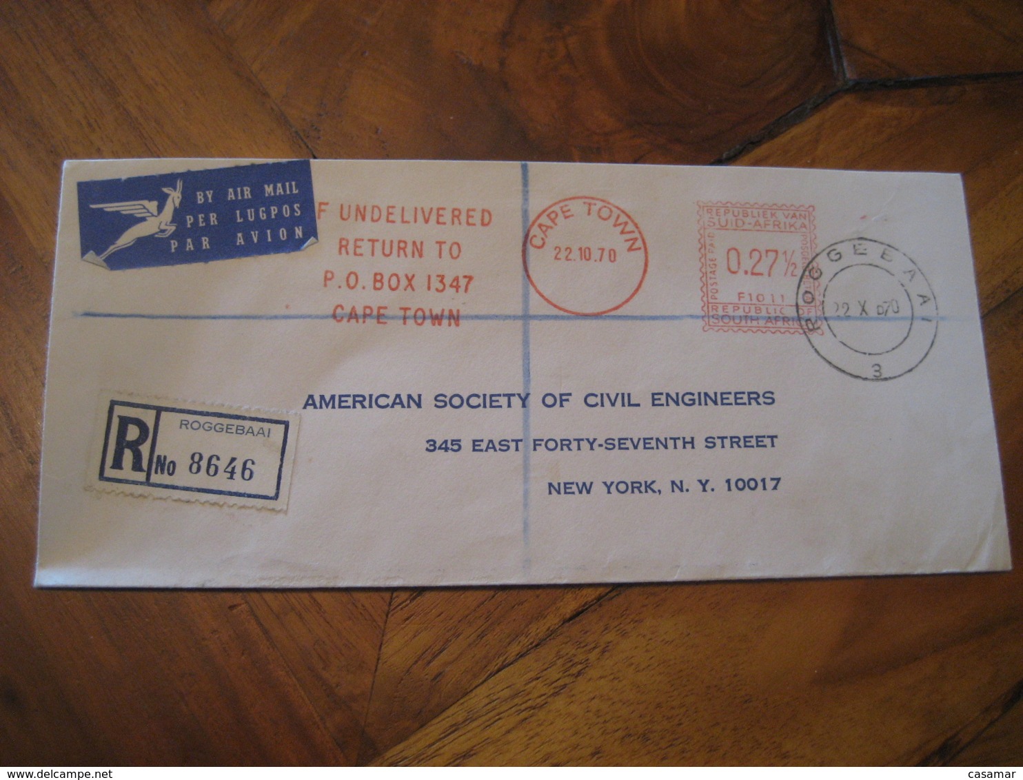 ROGGEBAAI Cape Town 1970 To New York USA Meter Mail Cancel Air Mail Registered Cover SOUTH AFRICA - Lettres & Documents