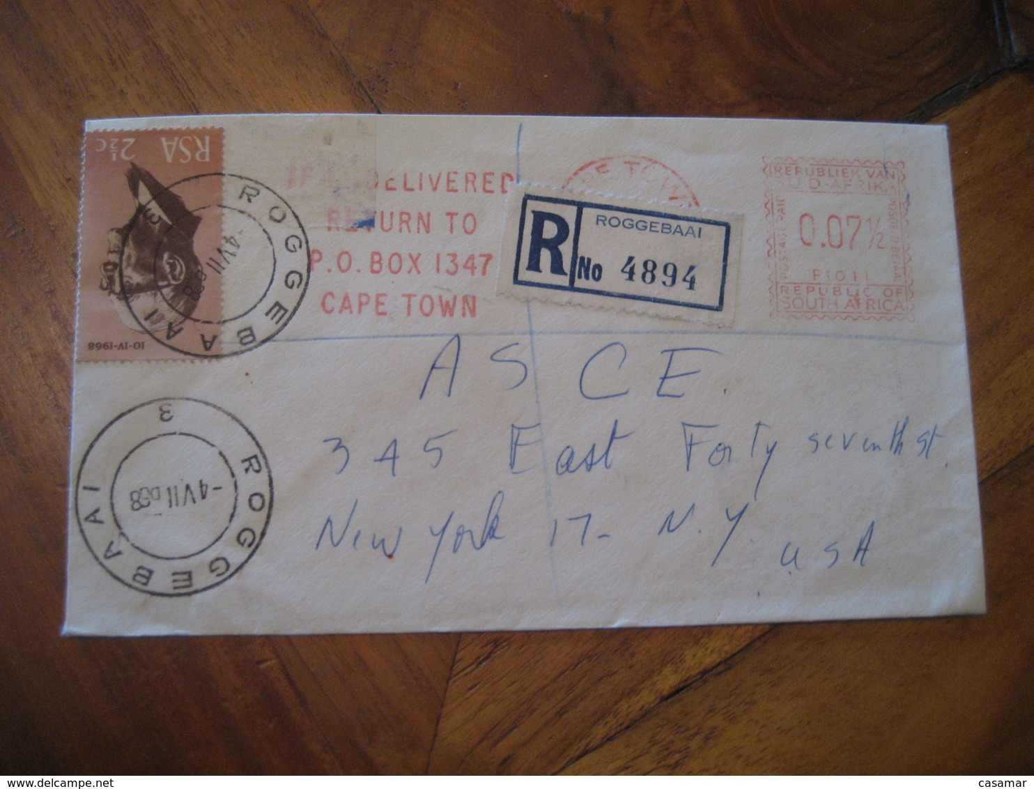 ROGGEBAAI Cape Town 1968 To New York USA Meter Mail Cancel Registered Cover SOUTH AFRICA - Lettres & Documents