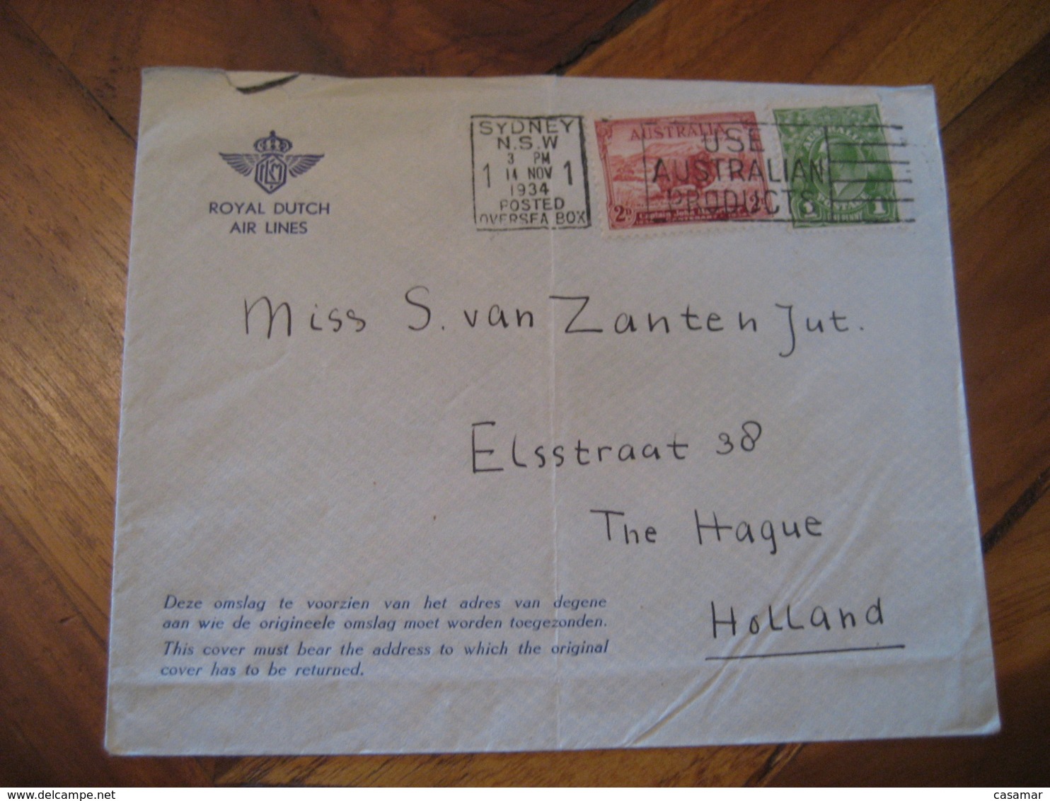 SYDNEY 1934 To The Hague Netherlands ROYAL DUTCH AIR LINES Cover 2 Stamp Products Cancel AUSTRALIA - Lettres & Documents