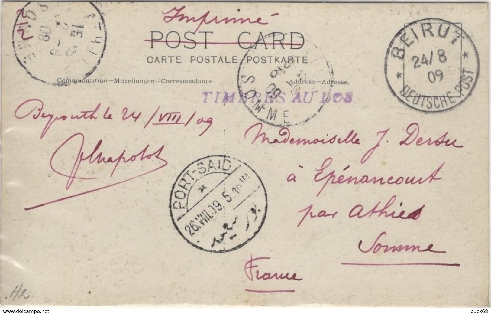 LEVANT Bureau Allemand  52 (o) Carte Postale Beirut Beyrouth Port-Said Epénancourt Somme France 1909 Vue Grand Quai - Turquie (bureaux)