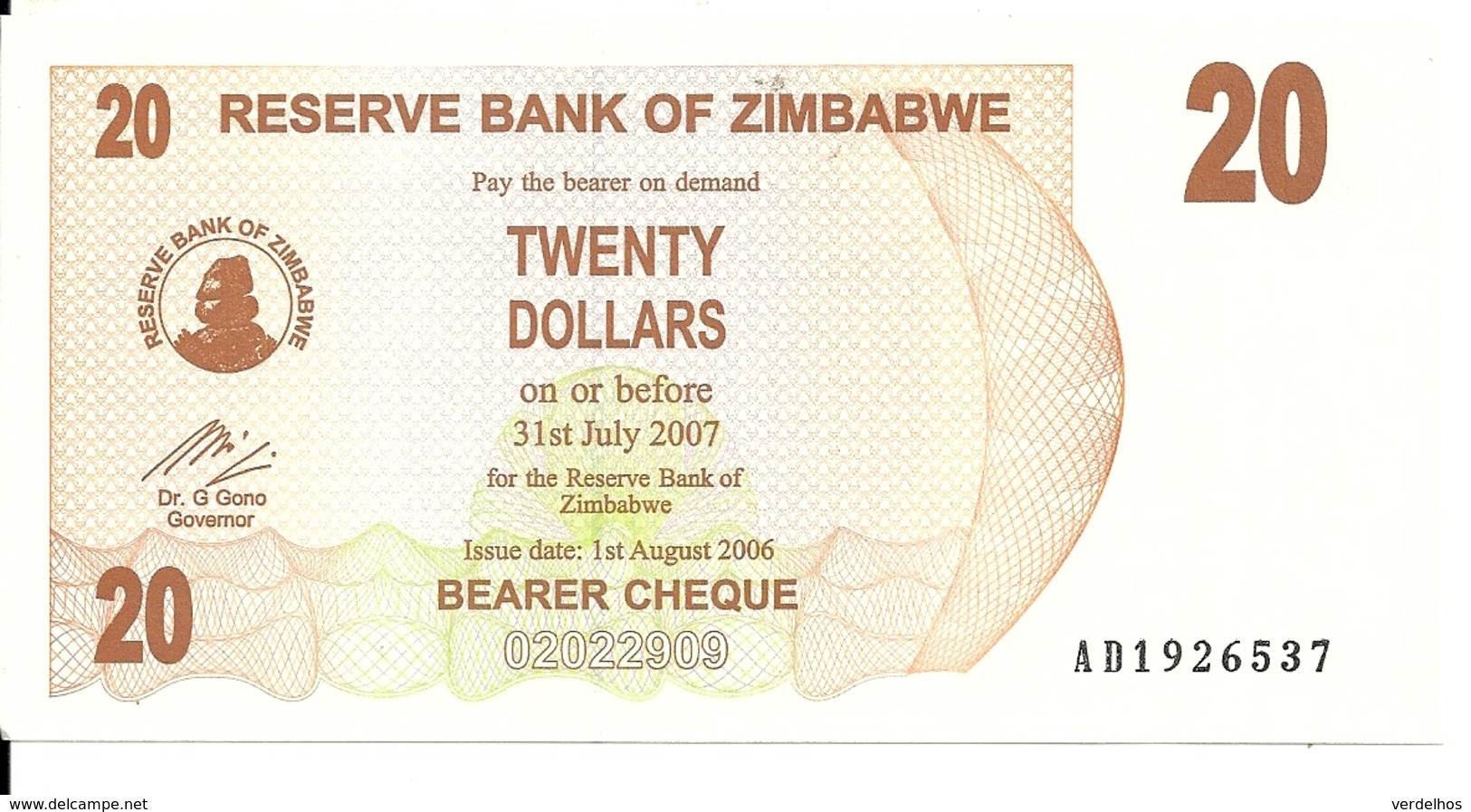 ZIMBABWE 20 DOLLARS 2006 UNC P 40  BEARER CHEQUE - Zimbabwe