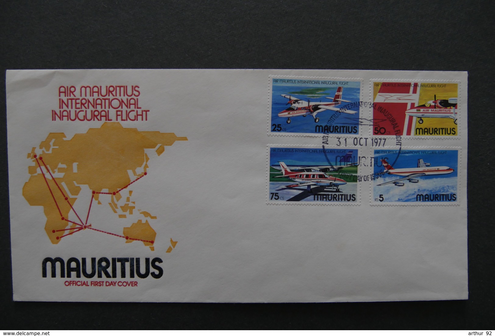 ILE MAURICE - MAURITIUS - 1977 - FDC 436/439 - AIR MAURITIUS INTERNATIONAL INAUGURAL FLIGHT - Mauritius (1968-...)