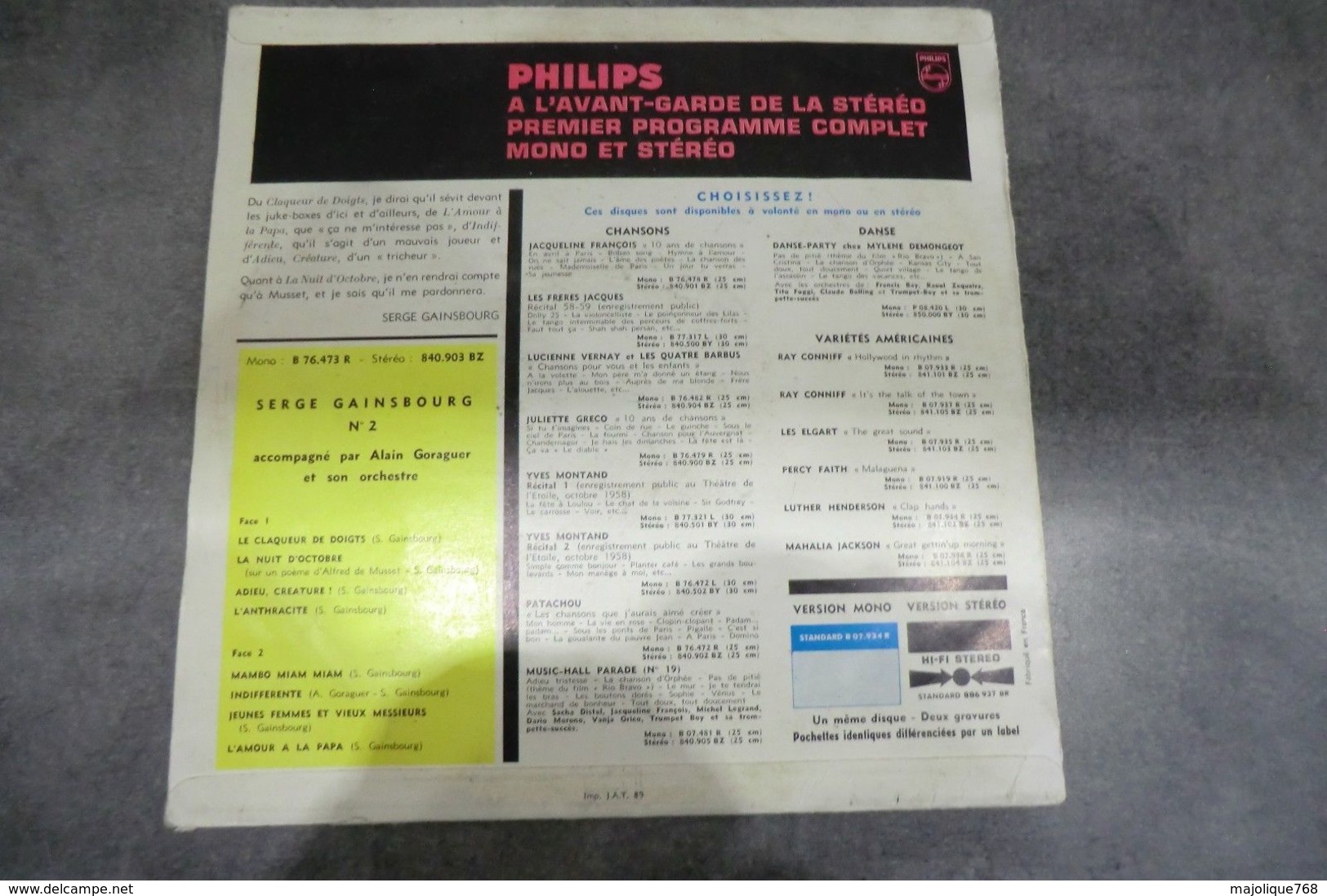 Disque De Serge Gainsbourg - Le Claqueur De Doigts - Philips Standard B 76.473 R - 25 Cm - 1959 - Formatos Especiales