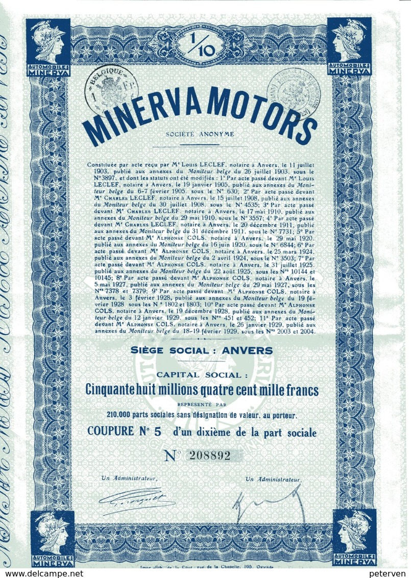 MINERVA MOTORS; 1/10 Part Sociale - Automobile