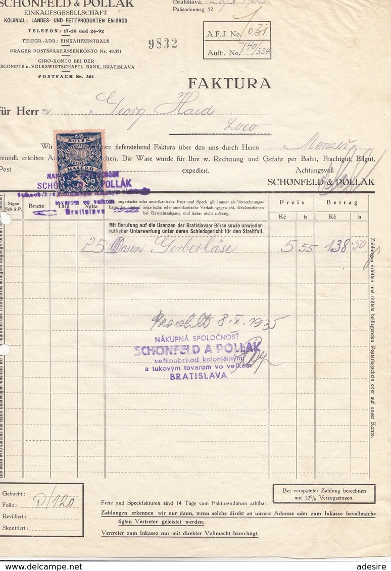 2 RECHNUNGEN Der Fa. SCHÖNFELD & POLLAK Bratislava 1935, A4 Format, Gefaltet - Sonstige & Ohne Zuordnung