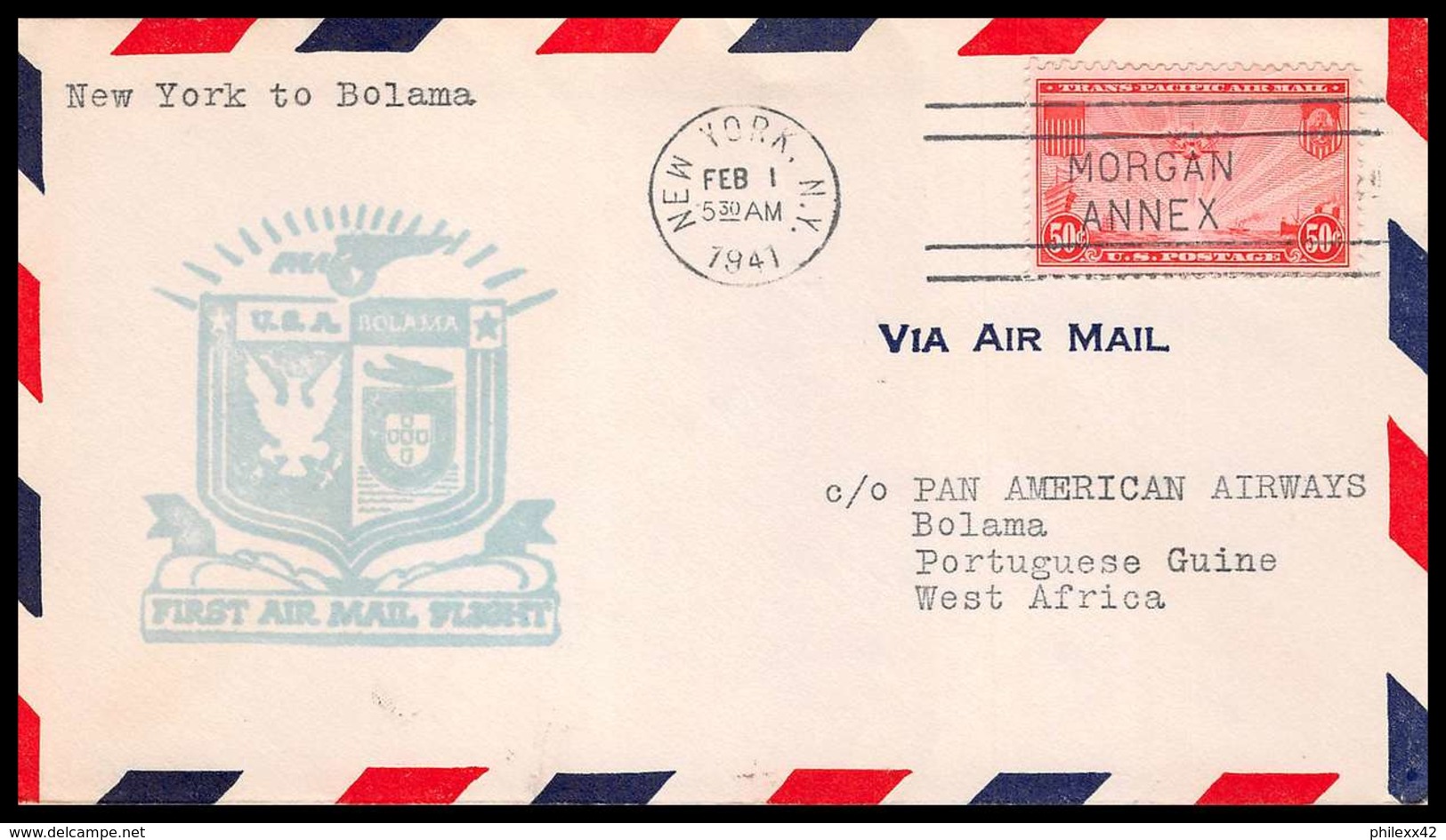 0838 Lettre USA Aviation Premier Vol (Airmail Cover First Flight Luftpost) 1941 New York To Bolama Guinée-bissau - 2c. 1941-1960 Lettres