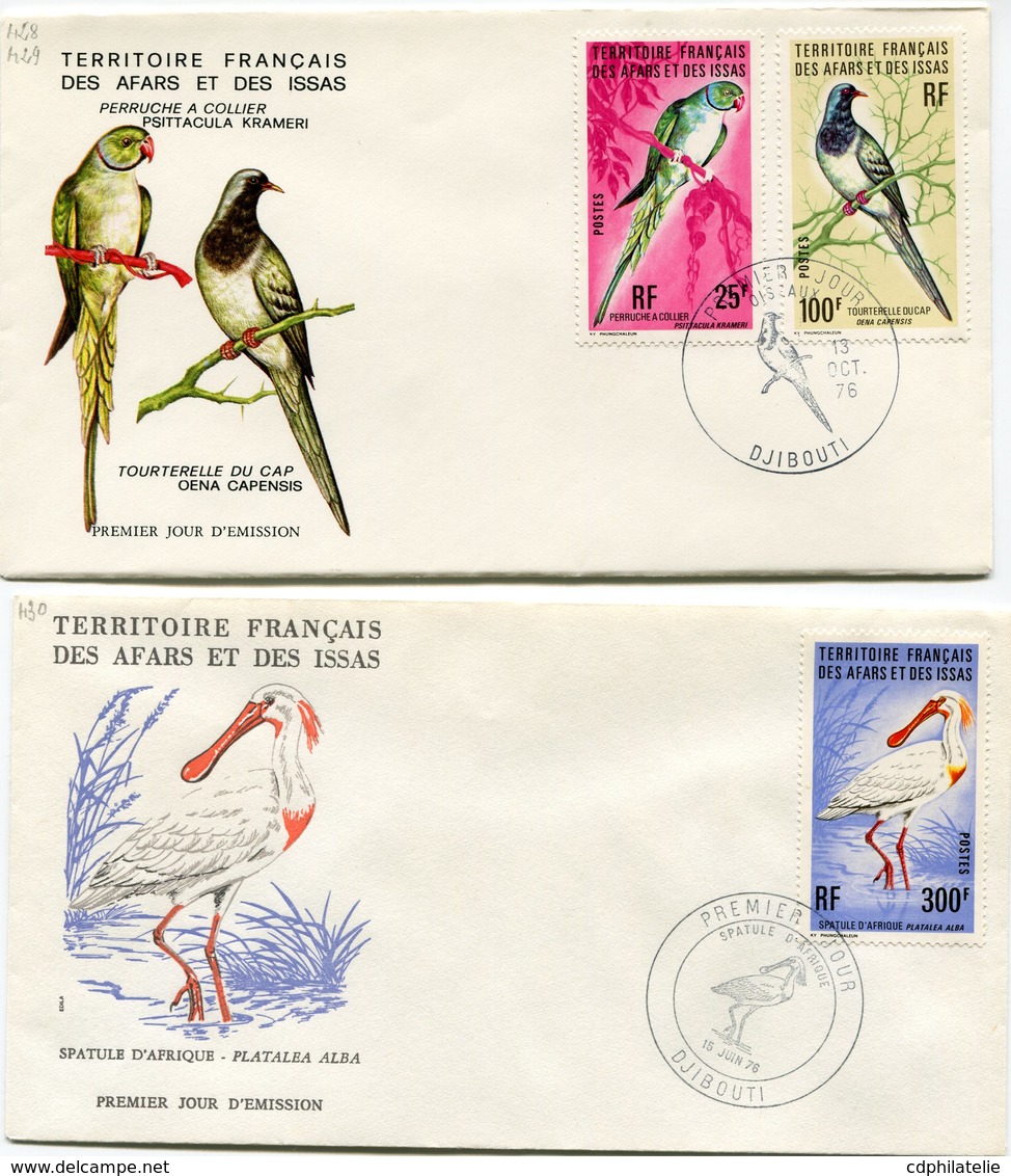 AFARS ET ISSAS ENVELOPPES 1er JOUR DES N°428/430 OISEAUX OBLITERATION. DJIBOUTI 13 OCT 76 ET 15 JUIN 76 - Brieven En Documenten